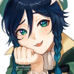  1boy androgynous bangs beret black_hair blue_hair blush bow braid cape collared_cape collared_shirt eyebrows_visible_through_hair flower frilled_sleeves frills genshin_impact gradient_hair green_eyes green_headwear hand_on_own_cheek hand_on_own_face hat hat_flower highres looking_at_viewer male_focus multicolored_hair open_mouth repost_notice shirt short_hair_with_long_locks simple_background smile snifflesmp4 solo symbol_commentary twin_braids twitter_username venti_(genshin_impact) white_background white_flower white_shirt 