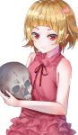  1girl absurdres bangs bare_shoulders blonde_hair blunt_bangs dress expressionless highres holding holding_skull kizumonogatari looking_at_viewer medium_hair monogatari_(series) neck_ribbon orange_eyes oshino_shinobu pink_dress ribbon skull sleeveless sleeveless_dress standing yuunamida_uyu 