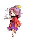  1girl brown_footwear chibi dairi fan hair_ribbon hand_up holding holding_fan japanese_clothes kimono komakusa_sannyo long_sleeves medium_hair multicolored multicolored_clothes open_mouth ponytail purple_hair red_eyes red_sleeves ribbon simple_background solo standing surprised tachi-e touhou yellow_ribbon 