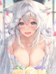  1girl :d animal_ear_fluff animal_ears arl bangs bare_shoulders blue_eyes blurry blurry_background blush bouquet breasts bridal_veil bride cleavage collarbone commentary depth_of_field fangs flower hair_intakes holding holding_bouquet large_breasts long_hair looking_at_viewer nose_blush open_mouth original petals rose see-through sidelocks silver_hair skindentation smile strapless symbol_commentary veil very_long_hair yellow_flower yellow_rose 
