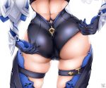  1girl adjusting_clothes adjusting_leotard akatsuki_akane ass ass_focus backless_leotard black_leotard blue_gloves cameltoe close-up eula_lawrence from_behind genshin_impact gloves highres leotard long_sleeves lower_body solo thighhighs white_background 