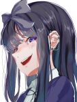  1girl bangs black_hair black_neckwear black_ribbon blush bow bright_pupils collared_shirt commentary_request cookie_(touhou) ear_piercing grey_bow hair_bow highres jacket johnnyyyyy long_hair looking_at_viewer looking_to_the_side open_mouth piercing purple_eyes purple_jacket ribbon shirt shunga_youkyu simple_background solo star_(symbol) star_sapphire touhou upper_body white_background white_pupils white_shirt 