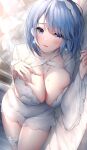  1girl azur_lane bangs bed bed_sheet blue_eyes blue_hair blush breasts chapayev_(azur_lane) choker cleavage collarbone commentary_request dress earrings eyebrows_visible_through_hair fingernails hairband hand_on_own_chest highres jewelry lace lace-trimmed_dress lace_hairband lace_trim large_breasts lips looking_at_viewer lying mole mole_on_breast on_bed on_side oyuwari pink_lips ribbon solo star_(symbol) star_earrings thigh_ribbon thigh_strap thighs tongue white_choker white_dress white_ribbon 