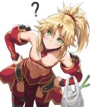  1girl ? bag bandeau bangs bare_shoulders black_legwear blonde_hair blush braid breasts collarbone detached_collar detached_sleeves egg_carton fate/apocrypha fate_(series) faulds french_braid green_eyes grocery_bag hair_ornament hair_scrunchie highres leaning_forward leaning_to_the_side long_hair looking_at_viewer mordred_(fate) mordred_(fate)_(all) navel parted_bangs pelvic_curtain ponytail scrunchie shopping_bag sidelocks simple_background small_breasts spring_onion thighhighs thighs tonee 