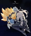  1girl alpha_(ff14) animal bare_shoulders black_bodysuit bodysuit bow chocobo closed_eyes final_fantasy final_fantasy_xiv gloves goggles high_heels highres hug kneeling moon omega-f omega_(final_fantasy) ponytail sky sleeveless_bodysuit star_(sky) starry_sky tladpwl03 white_hair 