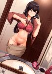  1girl akagi_(kancolle) bag black_hair blush bra breasts brown_sweater closed_mouth commentary_request door faucet female_pubic_hair hair_brush handbag highres indoors kantai_collection long_hair long_sleeves looking_at_phone lowleg lowleg_panties medium_breasts mirror navel nori_senbei_(norisenbei_1) panties phone pubic_hair red_bra red_panties reflection selfie signature sink solo stomach straight_hair sweater underwear very_long_hair 