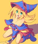  1girl :d bare_shoulders blonde_hair blue_footwear blue_headwear boots breasts cleavage collarbone commentary_request dark_magician_girl duel_monster eyebrows_visible_through_hair full_body green_eyes hair_between_eyes hat holding holding_staff long_hair looking_at_viewer medium_breasts metata open_mouth pentagram shadow simple_background sitting smile solo staff wariza wizard_hat yellow_background yu-gi-oh! yu-gi-oh!_duel_monsters 