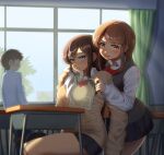  1boy 2girls between_breasts blue_eyes blush bow bowtie breasts brown_hair brown_sweater chair classroom curtains desk golden_spiral hair_between_eyes indoors large_breasts long_hair long_sleeves looking_at_viewer maku_ro multiple_girls original red_bow school_chair school_desk school_uniform sitting skirt sweater window 