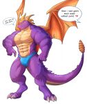  activision anthro anthrofied biceps big_muscles blush bodily_fluids bulge claws clothing dragon embarrassed hi_res horn jockstrap male membrane_(anatomy) membranous_wings muscular muscular_anthro muscular_male pecs purple_body purple_scales rikitsu scales scalie solo spyro spyro_the_dragon standing sweat sweatdrop underwear video_games wings 