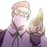  1boy axew beard collared_shirt commentary drayden_(pokemon) facial_hair gen_5_pokemon gym_leader highres kyon_(artist) male_focus on_shoulder pokemon pokemon_(creature) pokemon_(game) pokemon_bw pokemon_on_shoulder shirt suspenders upper_body white_background white_hair white_shirt yellow_eyes 