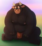  2018 absurd_res anthro balls belly bottomwear bovid bovine cattle clothing ethancostas ferdinand_(film) ferdinand_the_bull genitals hi_res horn loincloth male mammal moobs nipples overweight overweight_anthro overweight_male sitting solo spanish_fighting_bull 