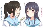  2girls black_hair blue_hair blue_neckwear blue_sailor_collar blush closed_eyes closed_mouth fish hibike!_euphonium highres kitauji_high_school_uniform liz_to_aoi_tori long_hair multiple_girls nakagawa_natsuki neckerchief open_mouth ponytail pout puffer_fish red_eyes sailor_collar school_uniform serafuku shirt short_sleeves simple_background smile translation_request white_background white_shirt yoroizuka_mizore yotsushi 