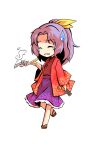  1girl brown_footwear chibi closed_eyes crying dairi eyebrows_visible_through_hair fan hair_ribbon hand_up holding holding_fan komakusa_sannyo long_sleeves medium_hair multicolored multicolored_clothes open_mouth ponytail purple_hair red_sleeves ribbon simple_background solo standing tachi-e touhou upset white_background yellow_ribbon 