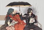  1boy 2girls aura blue_hair byleth_(fire_emblem) byleth_(fire_emblem)_(female) dark_aura edelgard_von_hresvelg fire_emblem fire_emblem:_three_houses gauntlets holding holding_umbrella hubert_von_vestra hug long_hair multiple_girls rain umbrella under_umbrella unoobang white_hair yuri 