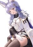  1girl akita_hika bangs black_legwear blue_hair blush breasts cleavage dress erune gloves granblue_fantasy hair_ornament highres jacket long_hair long_sleeves looking_at_viewer medium_breasts open_mouth purple_eyes short_dress short_hair thighhighs thighs tikoh white_gloves 