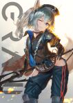  1girl absurdres animal_ears arknights armband blue_eyes character_name collar commentary eyebrows_visible_through_hair feet_out_of_frame grani_(arknights) grey_hair hand_on_hip head_tilt highres hip_vent holding holding_spear holding_weapon horse_ears infection_monitor_(arknights) leg_armor long_hair long_jacket looking_at_viewer one_eye_closed polearm police police_uniform ponytail purple_eyes simple_background smile solo spear standing taku57 uniform weapon 