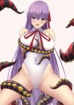  1girl absurdres bangs bare_shoulders bb_(fate)_(all) bb_(swimsuit_mooncancer)_(fate) blush breasts fate/grand_order fate_(series) hair_ribbon highres large_breasts leotard long_hair looking_at_viewer okuma707 open_mouth purple_eyes purple_hair red_ribbon ribbon smile thighs very_long_hair white_leotard 