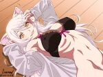  1girl animal_ears armpits artist_name bakemonogatari bare_shoulders baron_(varon666) black_bra black_hanekawa bra breasts cat_ears covered_nipples covering covering_breasts fang fang_out fangs groin hand_on_own_face hanekawa_tsubasa highres hip_bones hip_focus large_breasts long_hair looking_at_viewer monogatari_(series) open_mouth paw_pose ribs shirt slit_pupils stomach underwear very_long_hair white_hair white_shirt yellow_eyes 