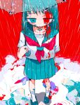  1girl absurdres bandaid bandaid_on_arm bandaid_on_face bandaid_on_leg bandaid_on_neck black_footwear blood blood_on_face blood_on_leg bloody_clothes blue_eyes blue_hair blue_sailor_collar blue_skirt commentary_request cuts edanoma_meu expressionless from_above highres holding holding_umbrella injury loafers looking_down neckerchief original pleated_skirt puddle rain red_neckwear red_sky ripples sailor_collar school_uniform serafuku shirt shoes short_hair short_sleeves signature skirt sky socks solo umbrella water_drop white_legwear white_shirt 