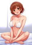  1girl bare_arms bare_legs bare_shoulders barefoot bikini breasts brown_eyes brown_hair collarbone full_body honda_mio idolmaster idolmaster_cinderella_girls indian_style indoors large_breasts looking_at_viewer navel open_mouth short_hair sitting smile solo string_bikini swimsuit tomajiyama white_bikini 