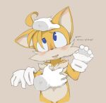 age_difference anthro blue_eyes blush bodily_fluids canid canine chest_tuft clothing cute_fangs disembodied_hand drooling fangs fluffy fox gloves handwear head_pat male mammal miles_prower petting saliva simple_background solo sonic_the_hedgehog_(series) tuft unknown_artist yellow_body younger_male 