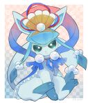  beads border closed_mouth commentary_request frills gen_4_pokemon glaceon green_eyes highres kikuyoshi_(tracco) looking_at_viewer no_humans outside_border paws pokemon pokemon_(creature) signature sitting toes white_border 