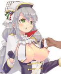  1girl :o aquila_(azur_lane) ascot azur_lane bad_anatomy bangs black_gloves black_sleeves blush braid breast_curtains breasts capelet cleavage commentary_request detached_sleeves eyebrows_visible_through_hair gloves green_eyes hair_between_eyes hat henshitai_(user_cuvp2733) highres large_breasts lifted_by_another long_hair looking_at_another nipples sidelocks silver_hair simple_background standing upper_body very_long_hair white_background white_capelet white_headwear white_neckwear 