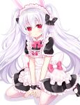  1girl :o alternate_costume animal_ears apron azur_lane bangs between_legs black_bow black_dress black_footwear blush bow bunny_ears bunny_hair_ornament commentary_request dress enmaided eyebrows_visible_through_hair frilled_apron frilled_dress frills hair_between_eyes hair_bow hair_ornament hand_between_legs highres laffey_(azur_lane) looking_at_viewer maid maid_apron maid_headdress pantyhose parted_lips puffy_short_sleeves puffy_sleeves shadow shikito shoes short_sleeves silver_hair solo twintails white_apron white_background white_legwear wrist_cuffs 
