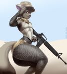  2021 anthro assault_rifle bandanna big_butt black_nose bottomwear brown_body brown_eyes brown_fur brown_hair butt camo camo_print canid canine chest_tuft claws clothed clothing dipstick_tail finger_claws fishnet fishnet_armwear fishnet_legwear flak fluffy fluffy_tail forked_tongue fox fur gesture girly grey_body grey_fur gun hair hat headgear headwear hi_res holding_gun holding_object holding_weapon hotpants kerchief legwear looking_at_viewer male mammal mr-shin multicolored_tail purple_claws purple_tongue ranged_weapon rifle salute shorts smile solo tan_bandanna tan_bottomwear tan_clothing tan_hat tan_headwear tan_kerchief tan_shorts thick_thighs tongue tongue_out topless tuft weapon 