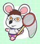  animal_crossing anthro bottomwear brown_hair buckteeth butterfly_net clothing collar eyewear fur glasses hair hi_res male mammal mouse murid murine nintendo robbie_the_mouse rodent shorts solo teeth video_games white_body white_fur 