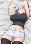  1girl alternate_costume ayuman black_legwear black_tank_top blue_eyes breasts hair_ornament hair_over_one_eye hairclip hamakaze_(kancolle) kantai_collection large_breasts lying navel on_back short_hair short_shorts shorts silver_hair tank_top thighhighs white_shorts 