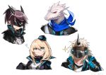  2boys 2girls absurdres albino arknights bandana blonde_hair blue_eyes brown_hair collar_up covered_eyes dated durin_(arknights) gloves hat highres horns huge_filesize jacket lizardman long_sleeves mask medium_hair multiple_boys multiple_girls noir_corne_(arknights) open_clothes open_jacket pointy_ears ponytail rangers_(arknights) red_eyes sahara_(shr_ssk) single_horn sleeves_past_fingers sleeves_past_wrists slit_pupils smile thumbs_up twitter_username visor white_background yato_(arknights) 