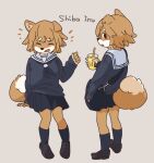  alternate_version_at_source anthro beverage bottomwear brown_body brown_fur brown_hair canid canine canis clothing domestic_dog english_text eyes_closed female footwear fur hair holding_beverage holding_object kemono laugh looking_at_viewer looking_back mammal open_mouth s1120411 school_uniform serafuku shiba_inu shoes simple_background sitting skirt socks solo spitz tea text uniform 
