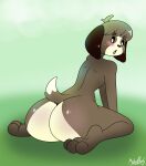  animal_crossing anthro barefoot big_butt black_nose blush brown_body butt canid canine canis digby_(animal_crossing) domestic_dog feet floppy_ears freckles girly hair hi_res kneeling looking_back male mammal nintendo nude open_mouth shih_tzu short_hair short_tail simple_background solo toy_dog video_games xmetalhusky 