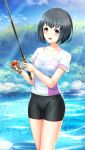  1girl :d bike_shorts black_hair black_shorts brown_eyes collarbone day doukyuusei doukyuusei_another_world eyebrows_visible_through_hair fishing_rod game_cg holding_rod official_art open_mouth outdoors saitou_ako see-through shiny shiny_hair shirt short_hair short_shorts short_sleeves shorts smile solo standing wet wet_clothes wet_shirt white_shirt 