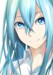  1girl absurdres aqua_hair bangs blue_eyes closed_mouth cosmicsnic crossed_bangs eye_focus face highres long_hair looking_at_viewer portrait shirt simple_background smile solo vivy vivy:_fluorite_eye&#039;s_song white_background white_shirt 