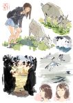  2girls backpack bag bird black_shirt blue_skirt brown_hair cat closed_eyes commentary goat grass hand_up highres horns leaf long_hair multiple_girls multiple_views original parted_lips plant pleated_skirt shadow shirt shoes short_hair skirt umishima_senbon v 