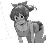  1girl all_fours bangs blush bow breasts cleavage commentary_request eyebrows_visible_through_hair greyscale hair_bow idolmaster idolmaster_million_live! long_hair medium_breasts monochrome myeolchi open_mouth ponytail satake_minako sketch solo tank_top 