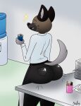  aggressive_retsuko anthro beverage_can big_butt black_nose bottomwear brown_body butt clothed clothing eyes_closed furniture haida hi_res hyaenid male mammal marker office on_table open_mouth pants paper pencil_(object) rear_view sanrio shirt sitting solo spots spotted_hyena table tight_clothing topwear water_cooler xmetalhusky 
