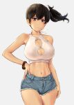  1girl alternate_costume bare_shoulders blue_shorts blush bra bracelet breasts brown_eyes brown_hair cleavage cleavage_cutout closed_mouth clothing_cutout collarbone commentary_request cowboy_shot crop_top denim denim_shorts eyebrows_visible_through_hair grey_background hair_between_eyes halterneck hand_on_hip highres jewelry kaga_(kancolle) kantai_collection large_breasts long_hair looking_at_viewer midriff navel open_fly shirt short_shorts shorts side_ponytail simple_background sleeveless solo thigh_gap thighs underwear wa_(genryusui) white_bra white_shirt 