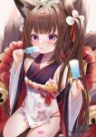  1girl amagi-chan_(azur_lane) animal_ear_fluff animal_ears azur_lane bangs blush chinese_commentary commentary_request eating eyebrows_visible_through_hair food fox_ears fox_girl fox_tail hands_up highres holding holding_food japanese_clothes kimono kyuubi long_hair long_sleeves looking_at_viewer miaoguujuun_qvq multiple_tails petals popsicle purple_eyes rope shimenawa short_eyebrows solo tail thick_eyebrows tongue tongue_out twintails 