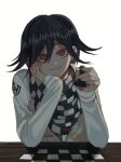  1boy bangs black_hair black_scarf board_game bong_(0u0bon) checkered checkered_scarf chess chess_piece chessboard commentary_request danganronpa_(series) danganronpa_v3:_killing_harmony hair_between_eyes head_rest holding jacket long_sleeves looking_at_viewer male_focus ouma_kokichi pawn_(chess) purple_eyes scarf short_hair simple_background smile solo straitjacket upper_body white_background white_scarf 