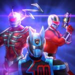  3boys armor belt black_bodysuit bodysuit boots brain gloves gun hands_up helmet highres holding holding_gun holding_staff holding_weapon josef_axner lord_zedd male_focus mighty_morphin_power_rangers multiple_boys no_skin over_shoulder power_rangers power_rangers_s.p.d. power_rangers_time_force quantum_ranger red_bodysuit shadow_ranger staff weapon weapon_over_shoulder 