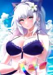  1girl arm_at_side azur_lane bad_id bad_pixiv_id banned_artist bare_shoulders bikini blue_bikini blue_nails bow braid breasts cleavage closed_mouth cloud cloudy_sky collarbone covered_nipples eyebrows_visible_through_hair eyewear_removed flower frilled_bikini frills hair_bow hair_flower hair_ornament highres jewelry lace-trimmed_bikini lace_trim large_breasts lens_flare lips long_hair looking_at_viewer looking_away mior nail_polish navel necklace o-ring o-ring_bikini o-ring_top ocean sidelocks silver_eyes silver_hair sky smile solo strap_gap sunglasses swimsuit texture underboob upper_body vittorio_veneto_(azur_lane) vittorio_veneto_(the_flower_of_la_spezia)_(azur_lane) water wet 