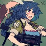  1girl alternate_costume animal_ears animal_print artist_logo black_bow blue_dress blue_hair bow braid breasts bunny_ears bunny_print cleavage clothes_writing commentary_request crying crying_with_eyes_open dated dress ear_clip green_background green_jacket gun hair_bow holding holding_gun holding_mallet holding_weapon insignia jacket kine long_hair maaru_(akira428) mallet medium_breasts one-hour_drawing_challenge purple_eyes runny_nose seiran_(touhou) sleeves_rolled_up solo tears touhou twin_braids upper_body wavy_eyes wavy_mouth weapon 