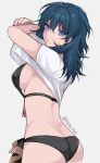  1girl arms_up ass bangs bikini black_bikini blue_eyes blue_hair breasts byleth_(fire_emblem) byleth_(fire_emblem)_(female) clothes_lift commentary cowboy_shot fire_emblem fire_emblem:_three_houses grey_background hair_between_eyes highres large_breasts long_hair looking_at_viewer shimizu_akina shirt shirt_lift short_sleeves simple_background solo standing swimsuit twitter_username white_shirt 
