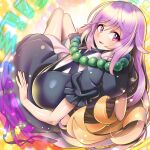  1girl beads blonde_hair blush breasts cross-laced_clothes glance gradient_hair highres hijiri_byakuren juliet_sleeves large_breasts long_hair long_sleeves looking_at_viewer looking_back lying multicolored_hair on_back open_mouth pink_eyes prayer_beads puffy_sleeves purple_hair short_sleeves smile solo sorcerer&#039;s_sutra_scroll touhou umigarasu_(kitsune1963) wavy_hair 