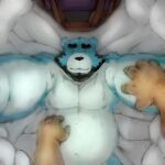  1:1 2021 anthro belly black_nose blue_body blue_fur bonasiah brown_body brown_fur eyes_closed full_attack fur hi_res humanoid_hands kemono laohu male mammal overweight overweight_male solo_focus sophring_jie ursid white_body white_fur 