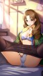  1girl antenna_hair black_legwear blue_bra blue_jacket blue_panties bra breasts brown_hair cleavage clothes_pull collared_shirt curtains doukyuusei_2 doukyuusei_another_world dress_shirt game_cg green_eyes indoors jacket large_breasts long_hair long_sleeves masturbation masturbation_through_clothing official_art open_clothes open_mouth open_shirt open_window panties pantyhose pantyhose_pull shiny shiny_hair shirt sitting solo sugimoto_sakurako through_clothes underwear very_long_hair window wing_collar yellow_shirt 