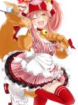  1girl animal_ear_fluff animal_ears apron bangs bell bow breasts character_name cleavage clothes_writing collar collarbone cup dress fang fangs fate/extra fate/grand_order fate_(series) food fox_ears fox_girl fox_tail gloves hai_zhou hair_between_eyes hair_bow highres ice_cream jingle_bell large_breasts long_hair lostroom_outfit_(fate) neck_bell one_eye_closed open_mouth paw_gloves paws pink_hair ponytail puffy_short_sleeves puffy_sleeves red_bow red_legwear roller_skates short_sleeves sidelocks skates smile striped striped_dress sundae tail tamamo_(fate)_(all) tamamo_cat_(fate) teacup tray visor_cap white_apron yellow_eyes 